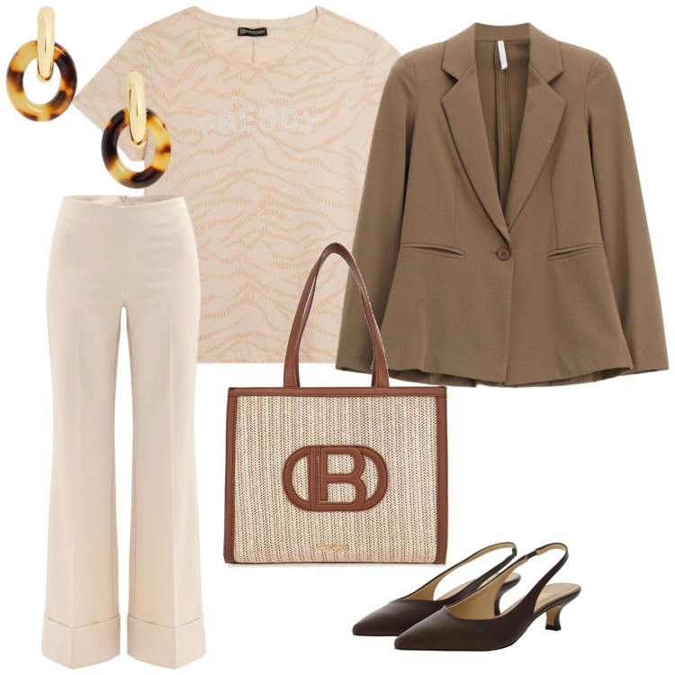 Outfit donna - Tonalità marrone. per Tutti i giorni. Abbinamento con blazer, pantaloni a palazzo, décolleté, t-shirt, orecchini, borse a spalla.