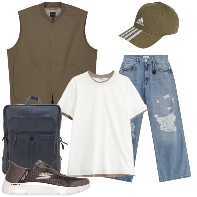 Outfit uomo - Funzionalità e Stile Distressed. Stile Casual per Tutti i giorni. Abbinamento con jeans strappati, t-shirt, gilet, cappelli con visiera, borse sportive, sneakers.