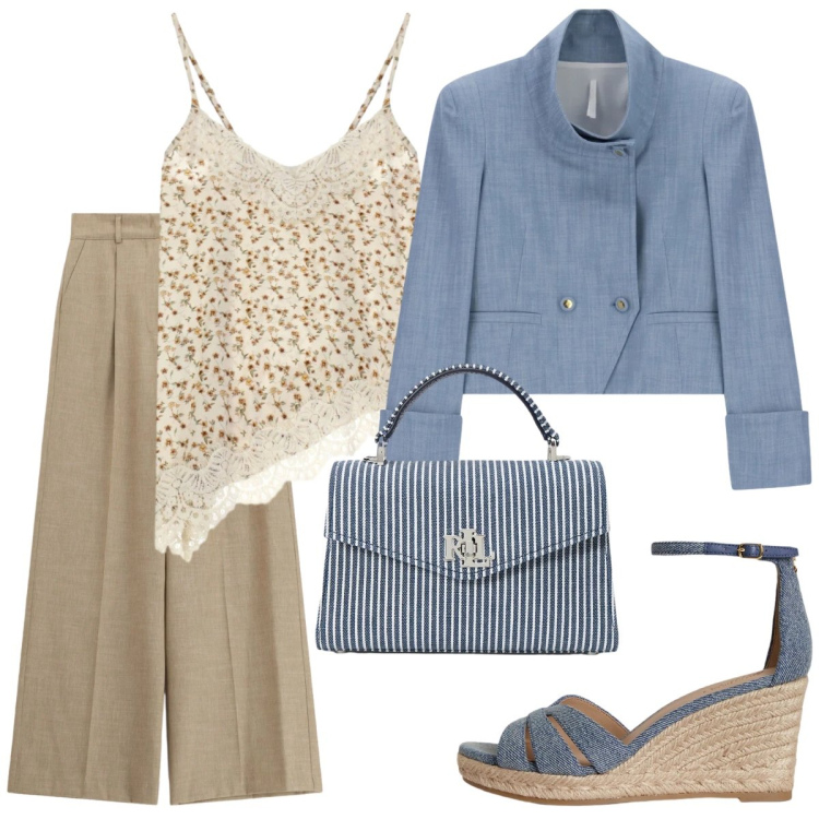 Outfit donna - Denim chic. Stile Casual chic per Tutti i giorni. Abbinamento con cappotti, top, pantaloni a palazzo, zeppe, borse a mano.