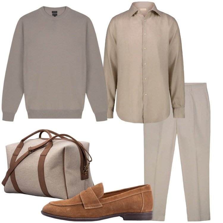 Outfit uomo - Look da viaggio breve. Stile Business/Elegante per Tutti i giorni. Abbinamento con camicie, pantaloni, maglieria, scarpe stringate, borse sportive.