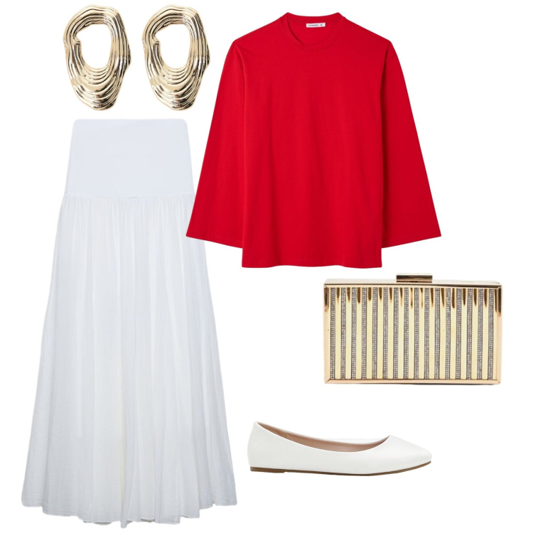 Outfit donna - Ballerine per la sera. per Serata fuori. Abbinamento con ballerine, t-shirt, gonne lunghe, clutch, orecchini.