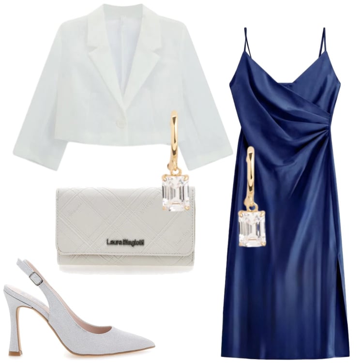 Outfit donna - Total look #2392194. Stile Chic per Cerimonia. Abbinamento con vestiti midi/longuette, blazer, orecchini, portafogli, décolleté.