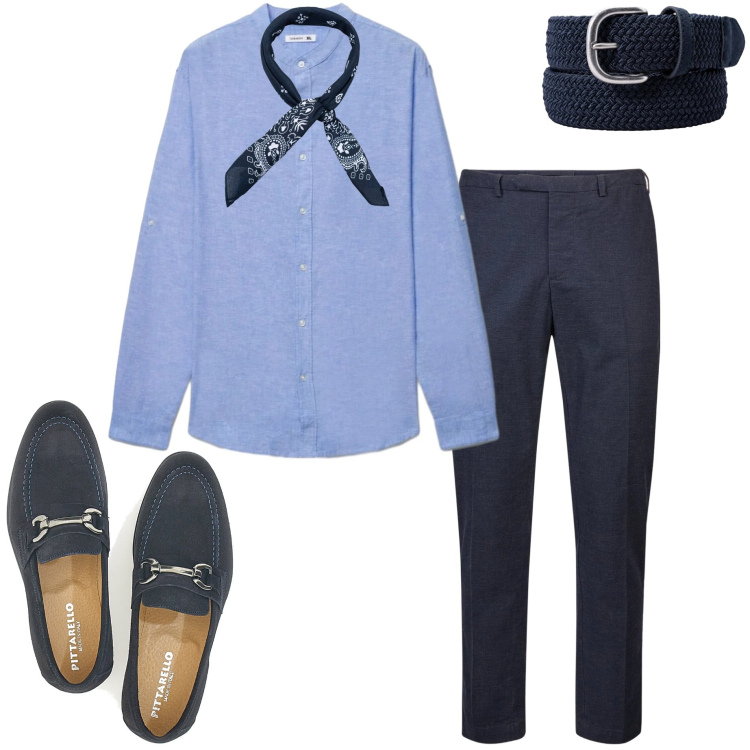 Outfit uomo - Camicia in lino. Stile Casual per Tutti i giorni. Abbinamento con camicie, pantaloni, scarpe stringate, cinture, sciarpe e foulard.