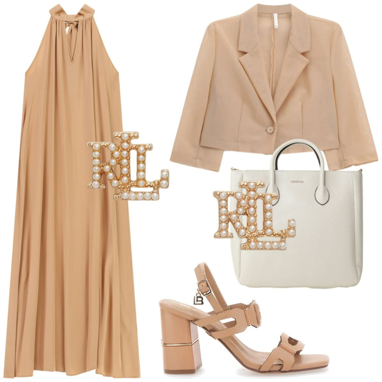 Outfit donna - Crema al burro nocciola. Stile Casual chic per Cerimonia. Abbinamento con blazer, borse a tracolla, vestiti lunghi, orecchini, sandali col tacco.