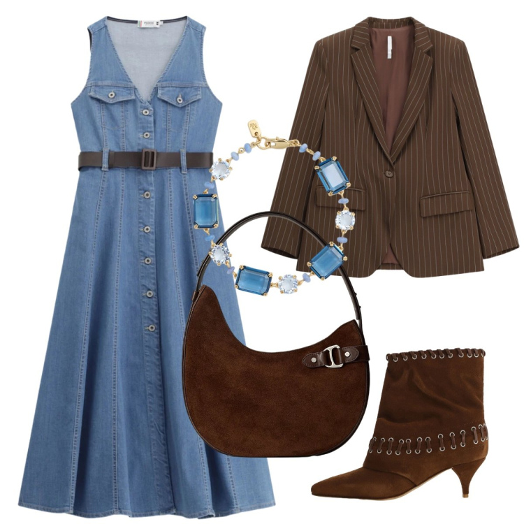 Outfit donna - L’abito midi in denim. Stile Chic per Serata fuori. Abbinamento con vestiti midi/longuette, blazer, stivali, borse a spalla, braccialetti.