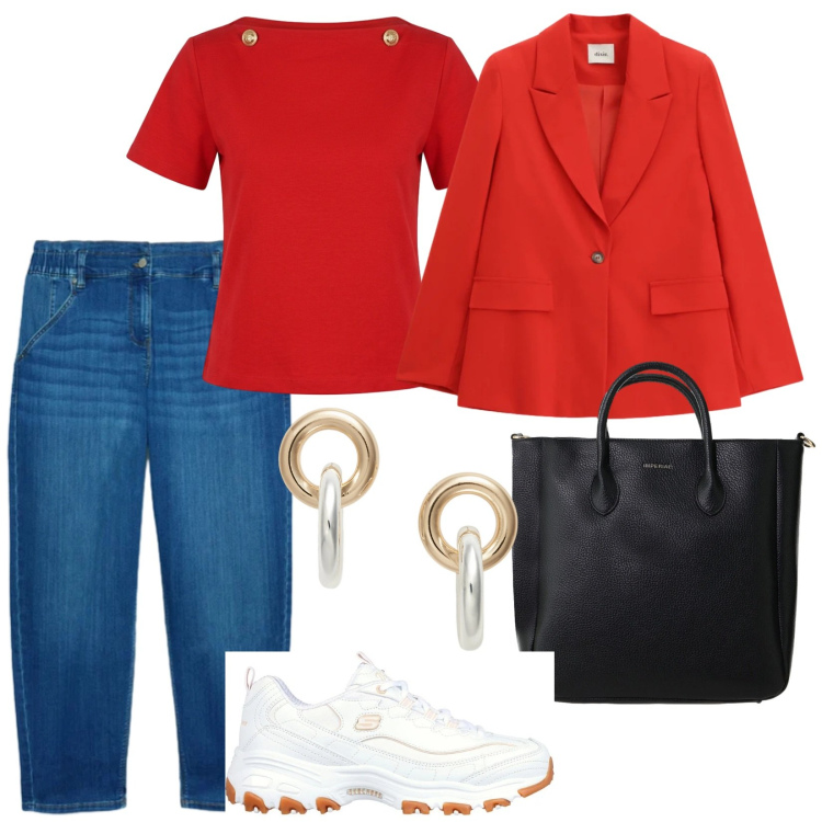 Outfit donna - Il rosso in primavera. per Tutti i giorni. Abbinamento con borse a tracolla, t-shirt, blazer, jeans, orecchini, sneakers.