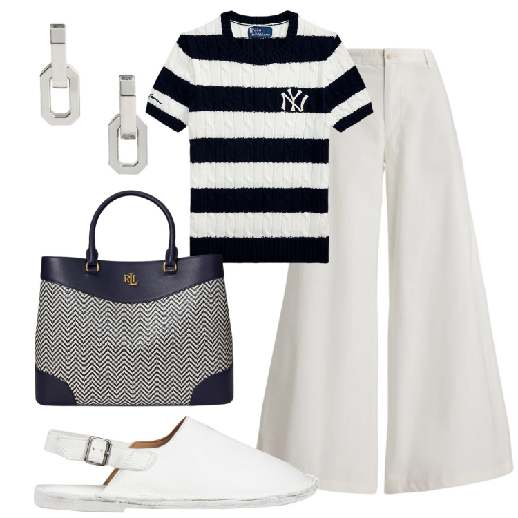 Outfit donna - Direzione barca. Stile Bon Ton per Tutti i giorni. Abbinamento con ballerine, maglieria, borse a mano, orecchini, pantaloni.