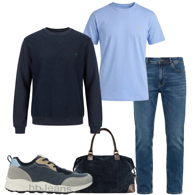 Outfit uomo - Look da viaggio breve. Stile Urban per Tutti i giorni. Abbinamento con felpe, t-shirt, jeans, sneakers, borse sportive.
