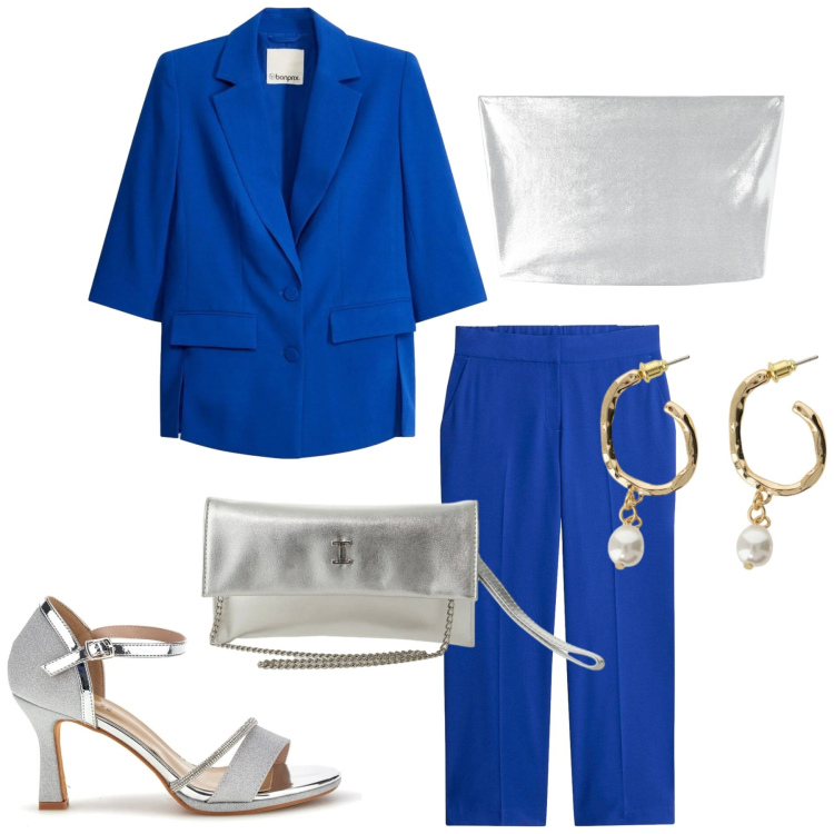 Outfit donna - Al cinquantesimo dei nonni. Stile Chic per Cerimonia. look ideale per Tall. Abbinamento con blazer, pantaloni, top, borse a tracolla, orecchini, sandali col tacco.