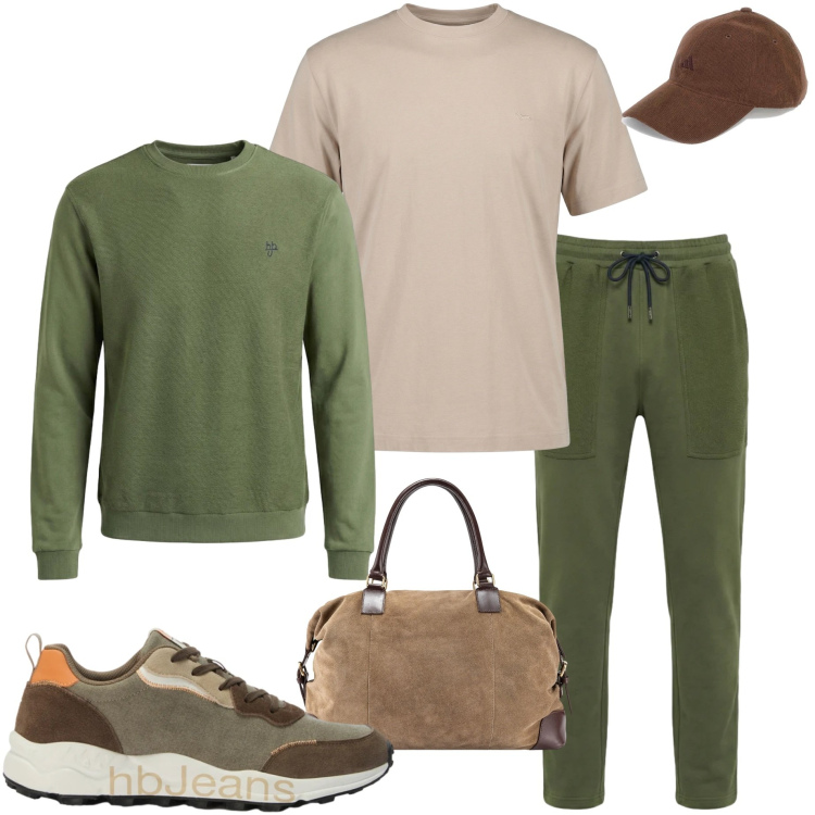 Outfit uomo - Look da viaggio breve. Stile Urban per Tutti i giorni. Abbinamento con t-shirt, pantaloni, felpe, sneakers, borse sportive, cappelli con visiera.