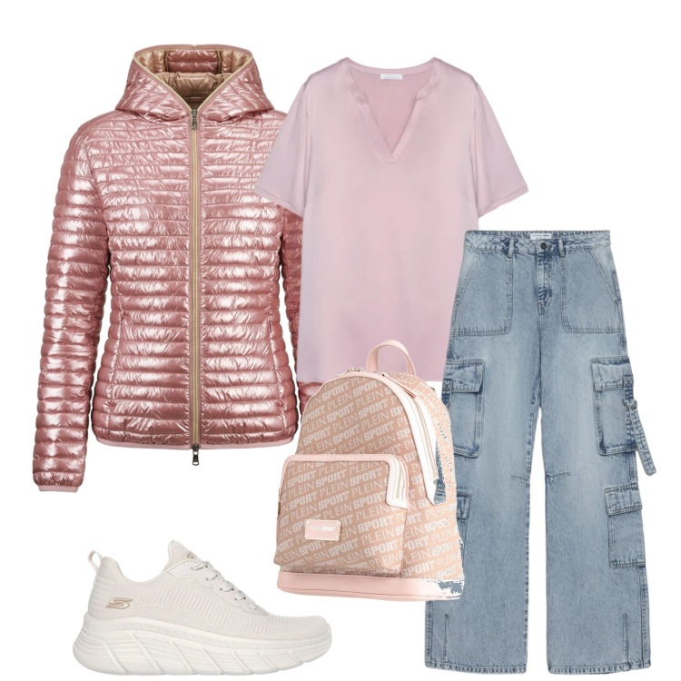 Outfit donna - Total look #2392204. Stile Casual per Tutti i giorni. Abbinamento con zaini, jeans, t-shirt, piumini, sneakers alte.