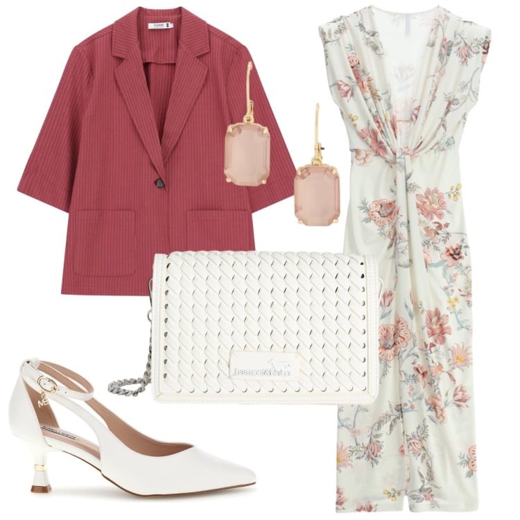 Outfit donna - Il blazer leggero. Stile Bon Ton per Cerimonia. Abbinamento con borse a tracolla, blazer, vestiti lunghi, orecchini, décolleté.
