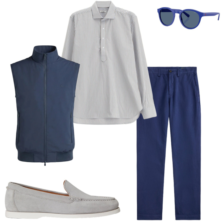 Outfit uomo - Pantaloni leggeri. Stile Urban per Tutti i giorni. Abbinamento con gilet, camicie, occhiali da sole, pantaloni, scarpe stringate.