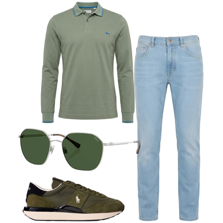 Outfit uomo - Total look #2392209. Stile Trendy per Tutti i giorni. Abbinamento con jeans, polo, sneakers, occhiali da sole.