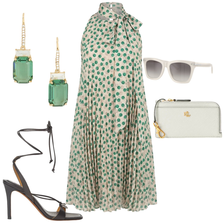 Outfit donna - Invito al battesimo. Stile Chic per Cerimonia. Abbinamento con vestiti lunghi, orecchini, occhiali da sole, portafogli, sandali in pelle.