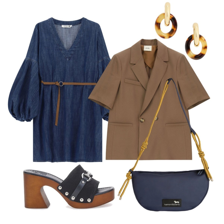 Outfit donna - Il blazer a mezze maniche. Stile Bon Ton per Tutti i giorni. Abbinamento con vestiti corti, borse a tracolla, blazer, orecchini, zoccoli.