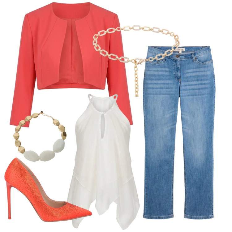 Outfit donna - Total look #2392213. Stile Romantica per Serata fuori. Abbinamento con décolleté, jeans dritti, cinture, bolero, canottiere, collane.