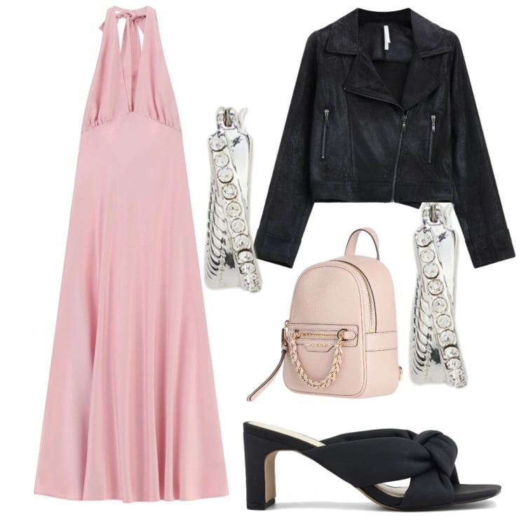 Outfit donna - Rosa e nero. Stile Casual chic per Cerimonia. Abbinamento con zaini, vestiti lunghi, giacche, orecchini, sandali col tacco.