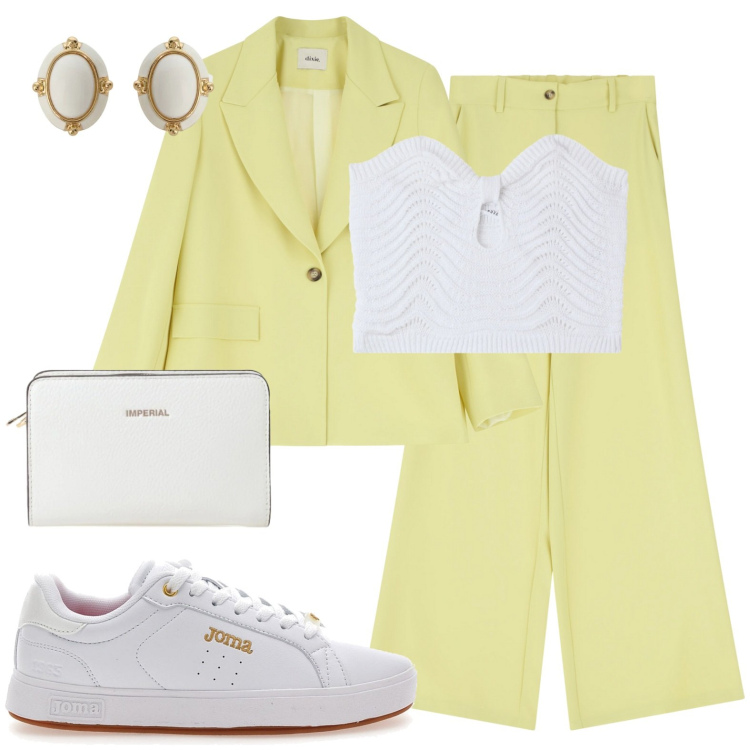 Outfit donna - Completo primaverile. Stile Casual chic per Tutti i giorni. Abbinamento con top, borse a tracolla, pantaloni a palazzo, blazer, orecchini, sneakers.
