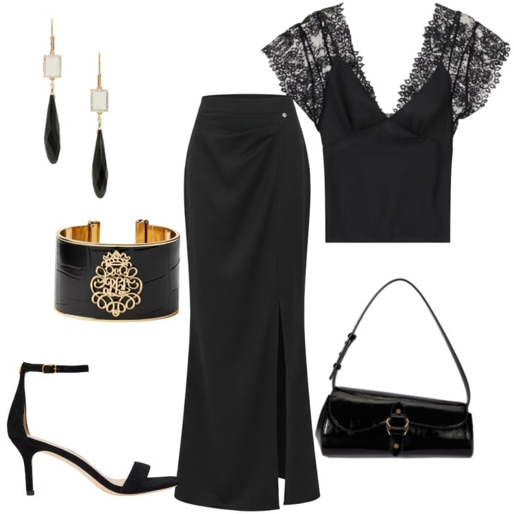 Outfit donna - Sera in total black. Stile Glamour per Cerimonia. Abbinamento con canottiere, gonne lunghe, braccialetti, sandali in pelle, orecchini, borse a spalla.