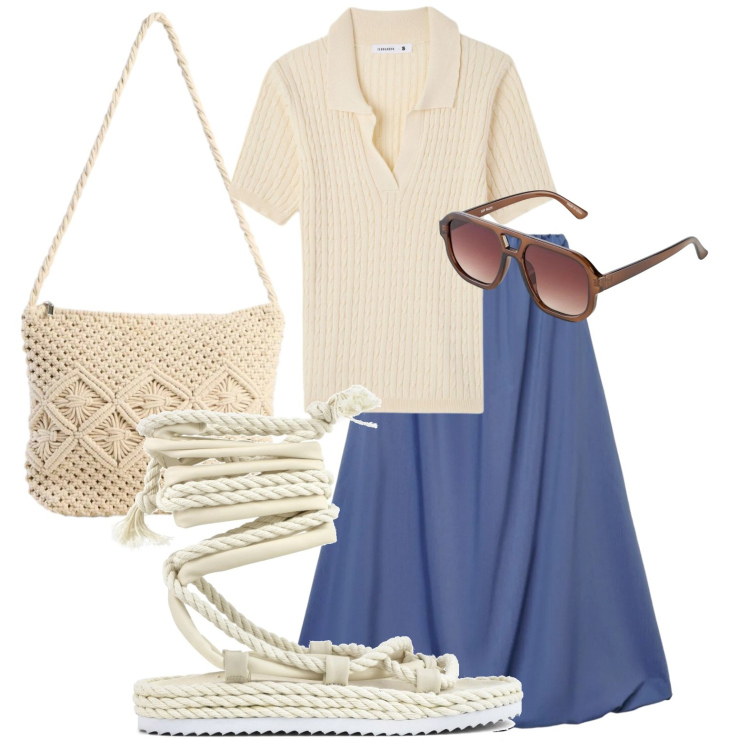 Outfit donna - Sandali in corda. Stile Casual chic per Tutti i giorni. Abbinamento con borse a tracolla, occhiali da sole, gonne lunghe, polo, sandali.