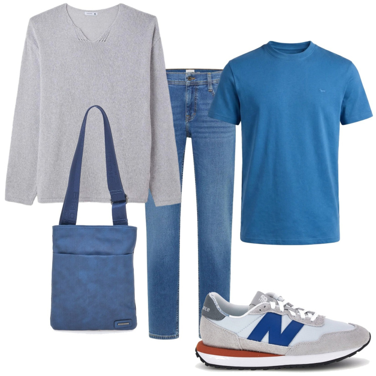 Outfit uomo - Sabato mattina. Stile Casual per Tutti i giorni. Abbinamento con jeans bootcut, maglieria, t-shirt, portafogli, sneakers.