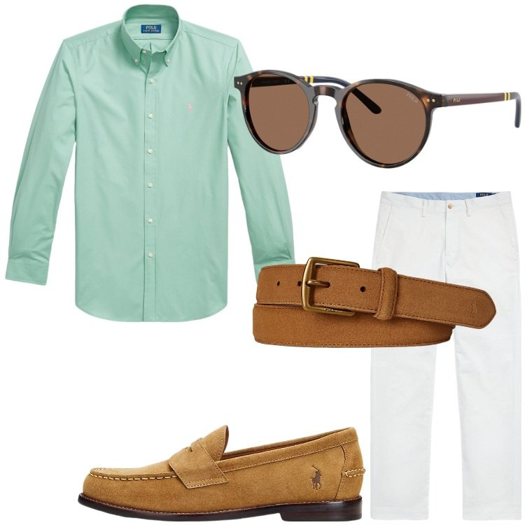 Outfit uomo - Maggio Ralph Lauren. Stile Business/Elegante per Ufficio. Abbinamento con pantaloni, scarpe stringate, occhiali da sole, camicie, cinture.