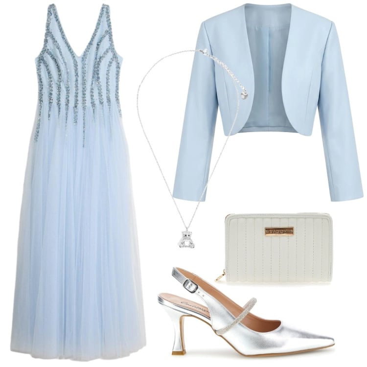 Outfit donna - Azzurro cenerentola. Stile Glamour per Cerimonia. Abbinamento con vestiti lunghi, bolero, ciondoli, portafogli, décolleté.