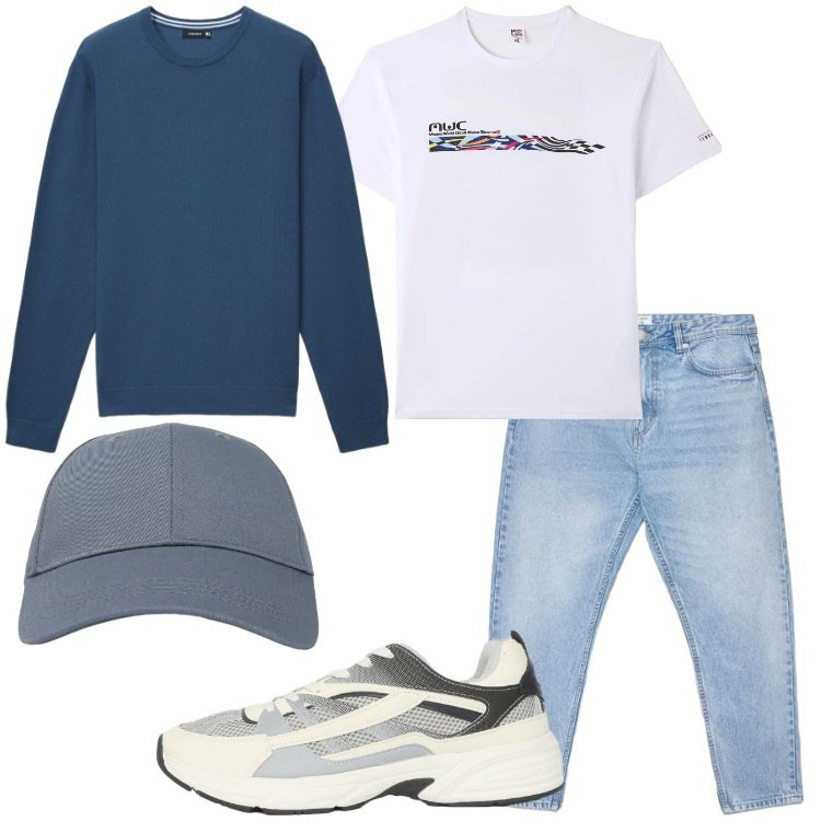 Outfit uomo - Easy casual. Stile Casual per Tutti i giorni. Abbinamento con t-shirt, sneakers, cappelli con visiera, maglieria, jeans.