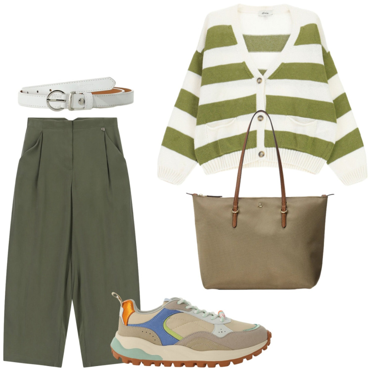 Outfit donna - Total look #2392239. Stile Casual per Tutti i giorni. Abbinamento con cinture, sneakers, cardigans, pantaloni a palazzo, borse tote.