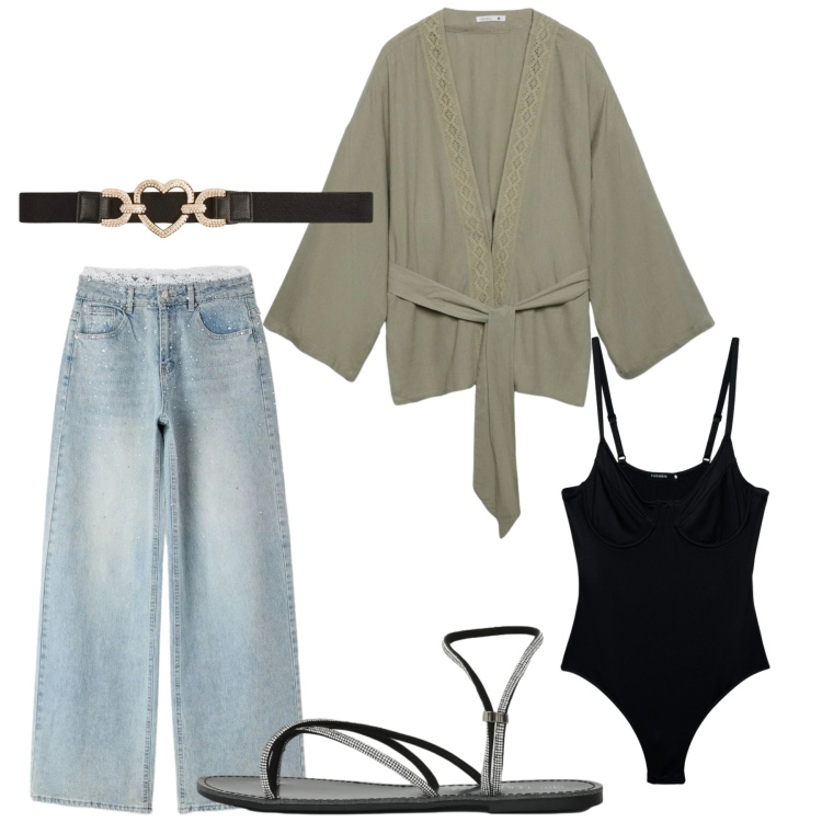Outfit donna - Total look #2392253. Stile Basic per Tutti i giorni. Abbinamento con kimono, cinture, sandali, body, jeans.