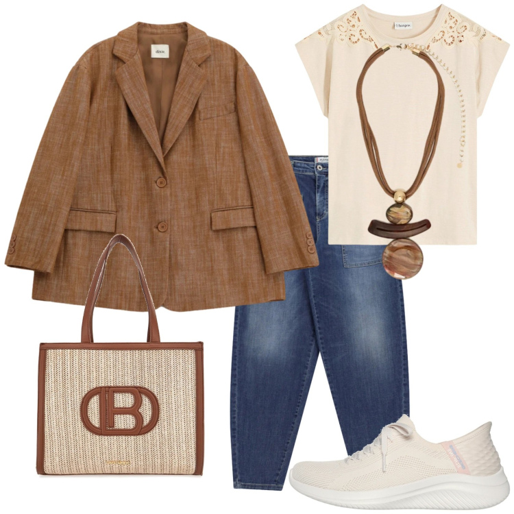 Outfit donna - Blazerrrrr. Stile Casual chic per Tutti i giorni. Abbinamento con t-shirt, ciondoli, jeans, blazer, borse a spalla, sneakers.