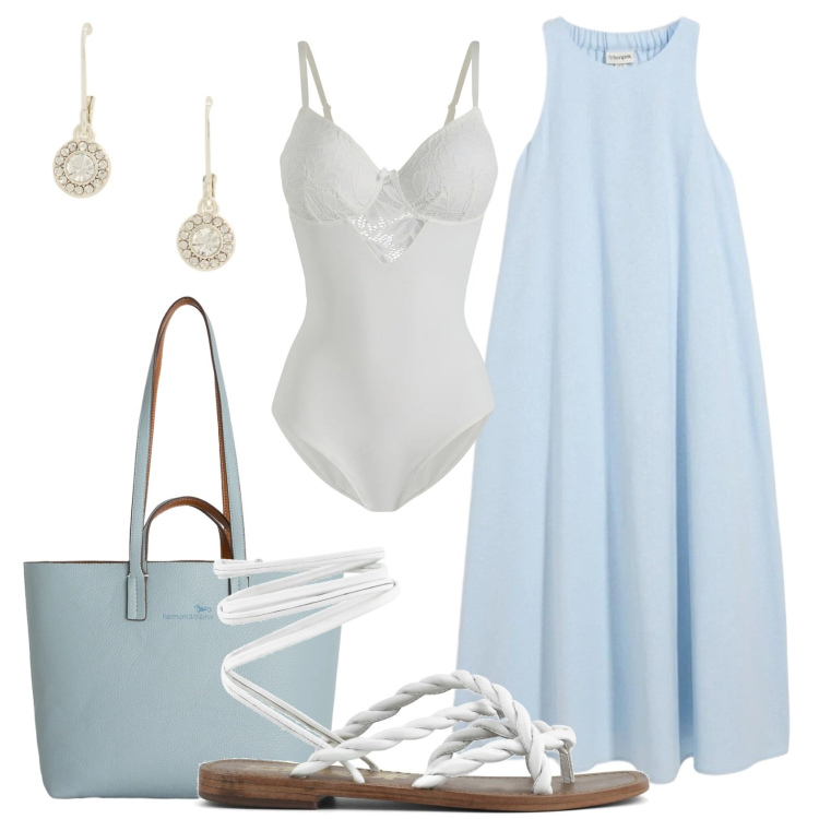 Outfit donna - Abito in cotone. Stile Bon Ton per Tutti i giorni. Abbinamento con vestiti midi/longuette, body, shopping bag, orecchini, sandali.