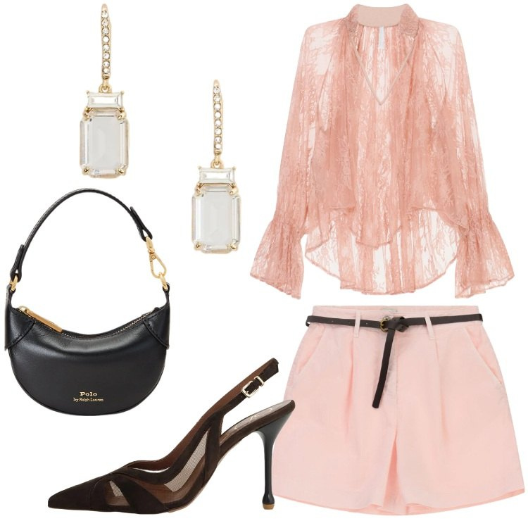 Outfit donna - Peach Blush. Stile Glamour per Serata fuori. Abbinamento con bluse, shorts, décolleté, portafogli, orecchini.