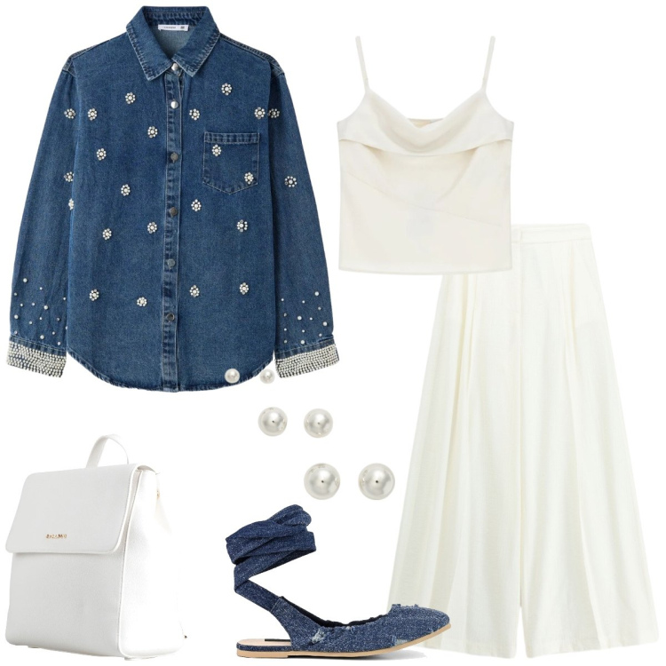 Outfit donna - Total look #2392260. Stile Chic per Tutti i giorni. Abbinamento con zaini, camicie, canottiere, pantaloni a palazzo, orecchini, ballerine.