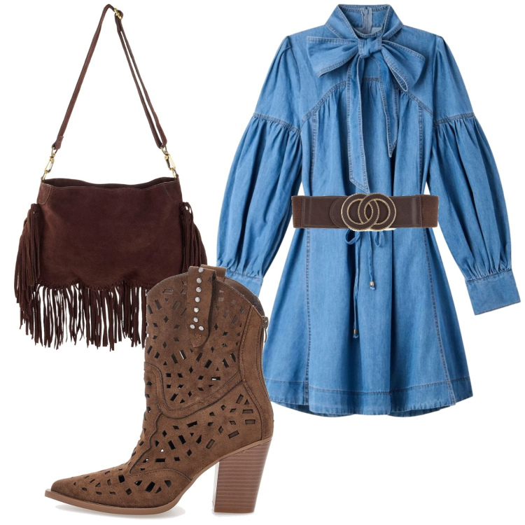 Outfit donna - Country girl Curvy style. Stile Trendy per Tutti i giorni. Abbinamento con borse a tracolla, vestiti chemisier, stivaletti texani, cinture.