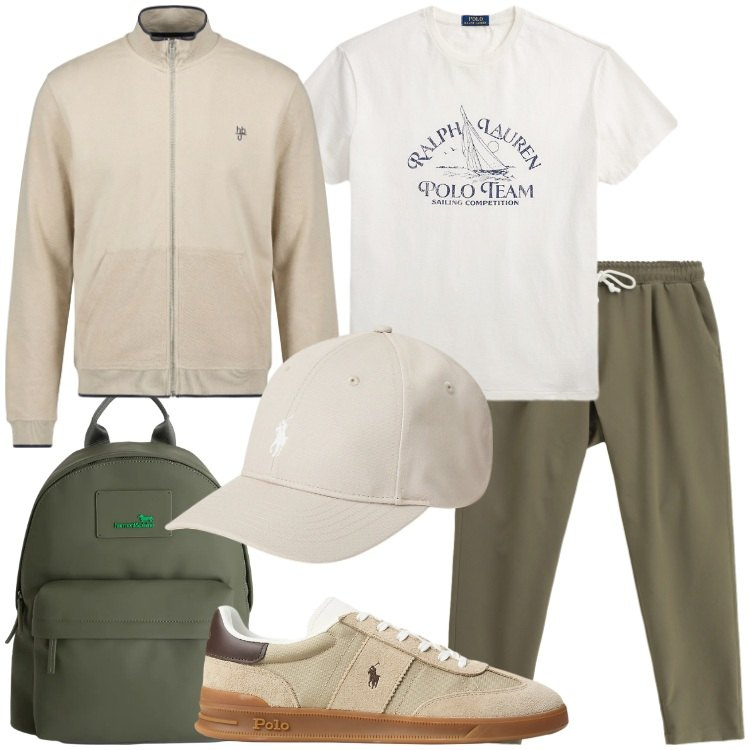 Outfit uomo - In gita. Stile Casual per Tutti i giorni. Abbinamento con pantaloni sportivi, borse sportive, felpe, cappelli, sneakers, t-shirt.