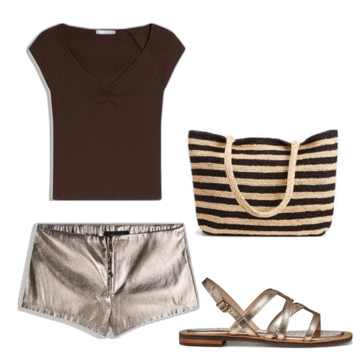 Outfit mujer - Casual chic. Estilo Casual chic para Todos los días. Combinación con bolso tote, sandalias de piel, shorts, camiseta.