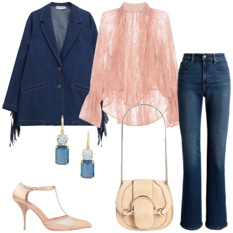Outfit donna - Total look #2392266. Stile Chic per Serata fuori. Abbinamento con marsupi, décolleté, blazer, bluse, jeans, orecchini.