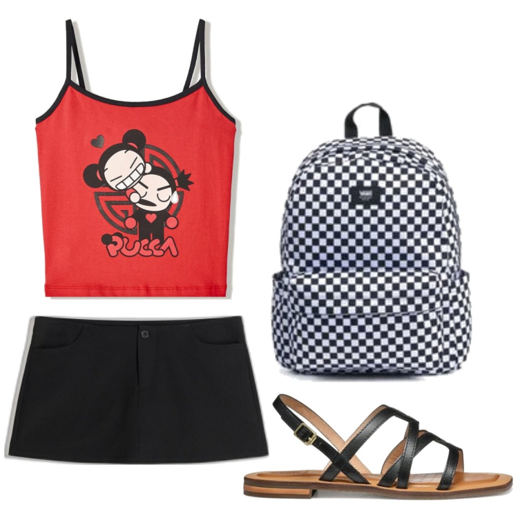 Outfit mujer - Casual. Estilo Casual para Escuela/Universidad. Combinación con mochilas, sandalias de piel, top, faldas.