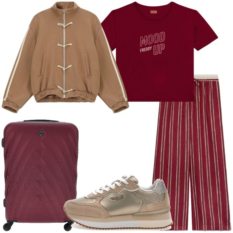 Outfit donna - Mai senza sneakers. Stile Trendy per Tutti i giorni. Abbinamento con felpe, pantaloni, t-shirt, sneakers, valigie.