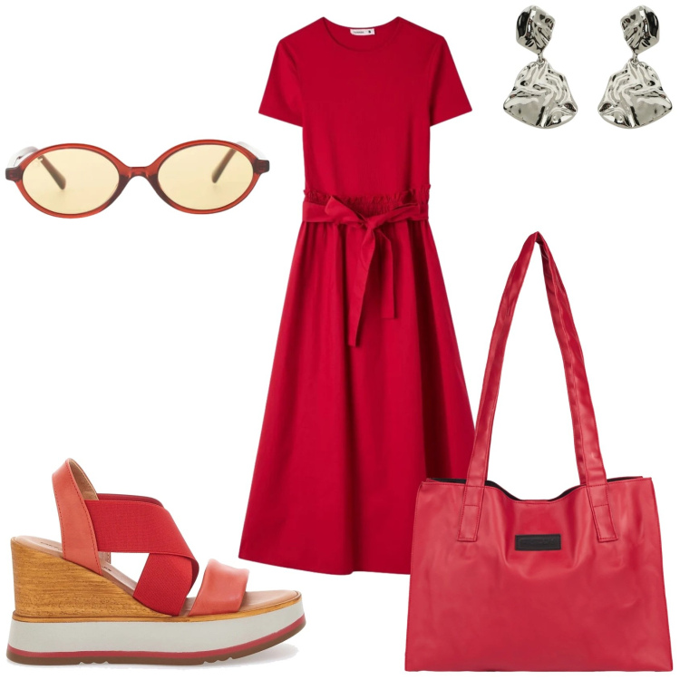 Outfit donna - Rosso per la giornata. Stile Casual per Tutti i giorni. Abbinamento con vestiti lunghi, orecchini, occhiali da sole, shopping bag, sandali col tacco.