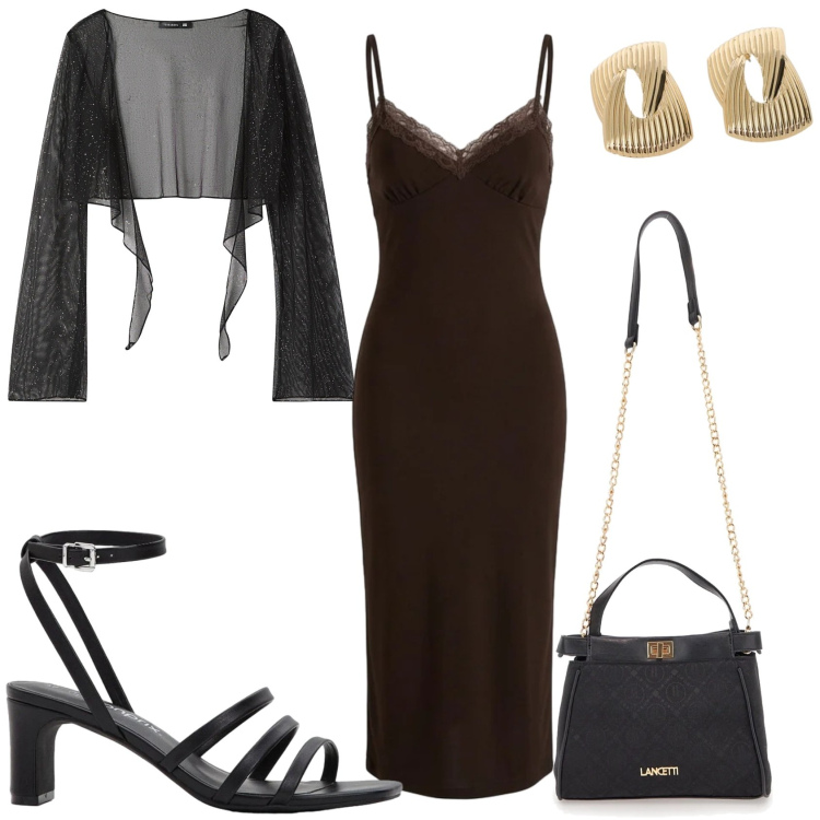 Outfit donna - Nero di sera. Stile Glamour per Serata fuori. Abbinamento con sandali col tacco, vestiti midi/longuette, blazer, orecchini, borse a tracolla.