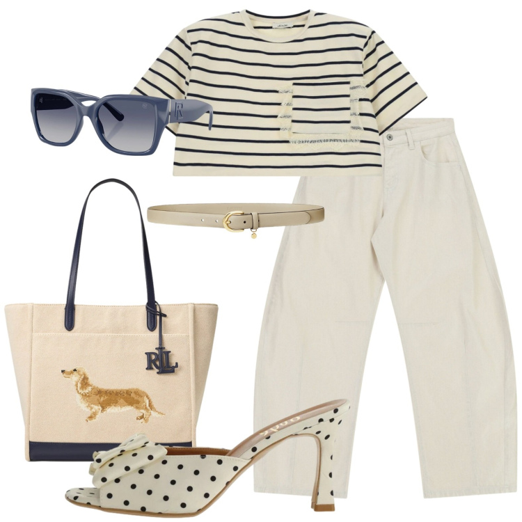 Outfit donna - Pois e righe. Stile Casual chic per Tutti i giorni. Abbinamento con pantaloni a palazzo, sandali col tacco, t-shirt, occhiali da sole, cinture, borse tote.
