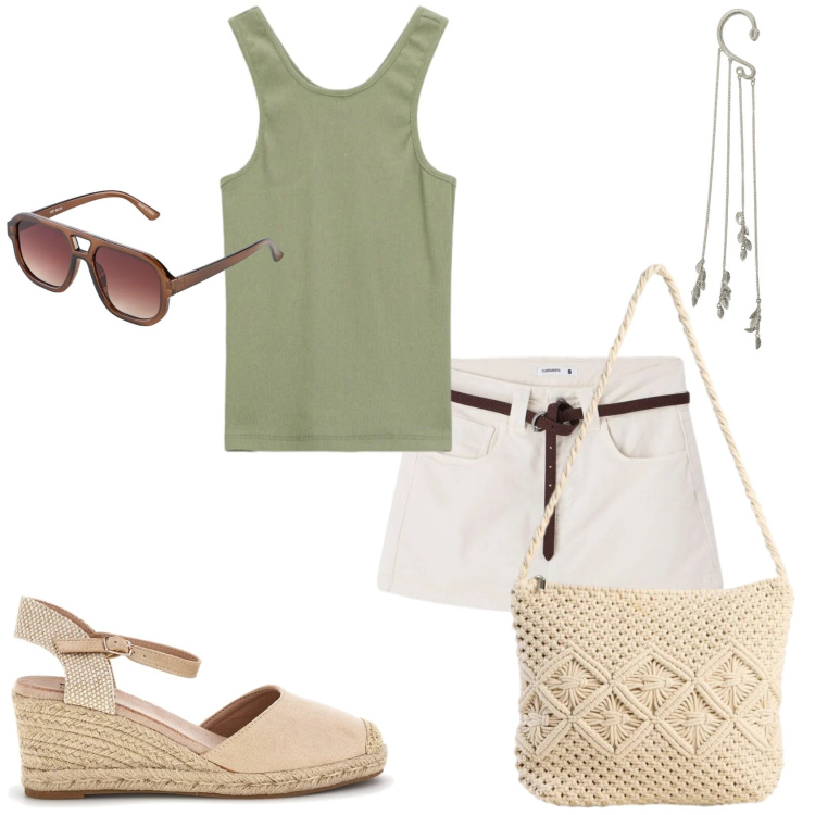 Outfit donna - Giornata calda. Stile Casual per Tutti i giorni. Abbinamento con borse a tracolla, occhiali da sole, minigonne, orecchini, top, zeppe.