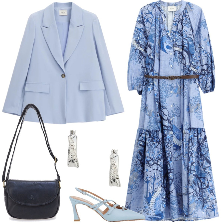 Outfit donna - Total look #2392282. Stile Chic per Tutti i giorni. Abbinamento con décolleté, blazer, vestiti lunghi, orecchini, borse a tracolla.