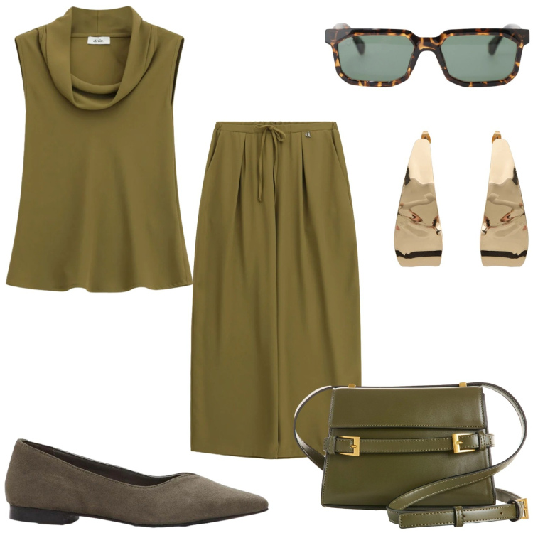 Outfit donna - Verde scuro per la giornata. Stile Trendy per Tutti i giorni. Abbinamento con ballerine, borse a tracolla, occhiali da sole, orecchini, top, pantaloni a palazzo.