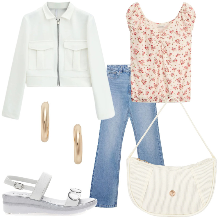 Outfit donna - Fiorellini e jeans. Stile Casual per Tutti i giorni. Abbinamento con canottiere, jeans bootcut, cappotti, borse a mano, orecchini, sandali.