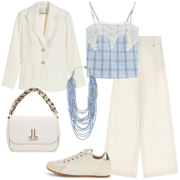 Outfit donna - Blazer leggero. Stile Casual chic per Serata fuori. Abbinamento con blazer, collane, pantaloni a palazzo, top, borse a tracolla, sneakers.