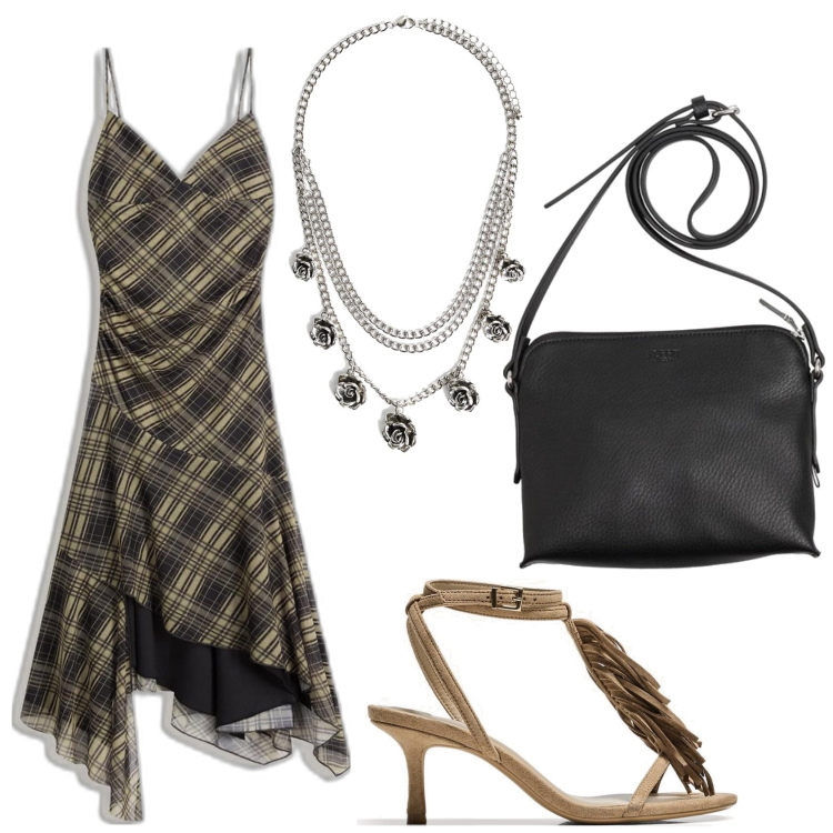 Outfit mujer - Trendy look. Estilo Trendy para Noche/Fiesta elegante. Combinación con bolsos saco, sandalias de tacón, vestidos midi/longuettes, colgantes.